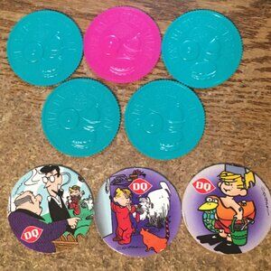 LOT OF 8 DAIRY QUEEN FREE TREAT PLASTIC TOKEN DENNIS THE MENACE POG